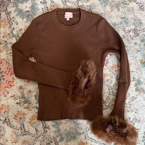 Brown Ribbed Sweater with Faux Fur Cuffs